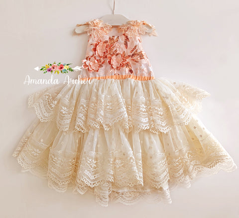 Vintage Golden Peach and Cream Dress ooak size 5